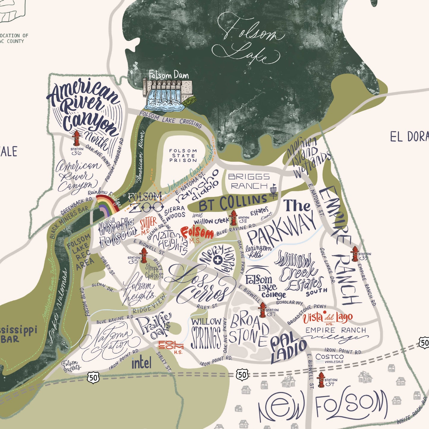 Folsom, CA Neighborhood Map Print 8x10