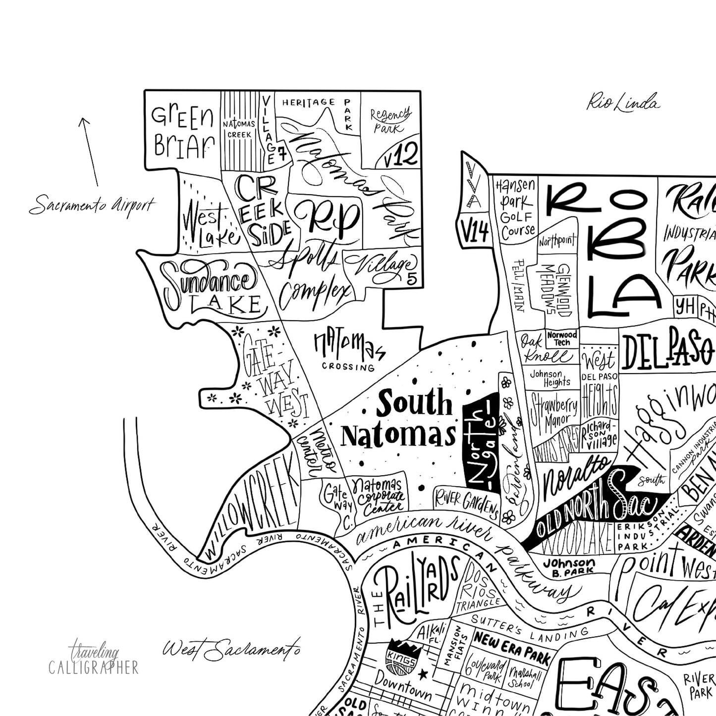 Sacramento, CA Neighborhood Map Print 8x10