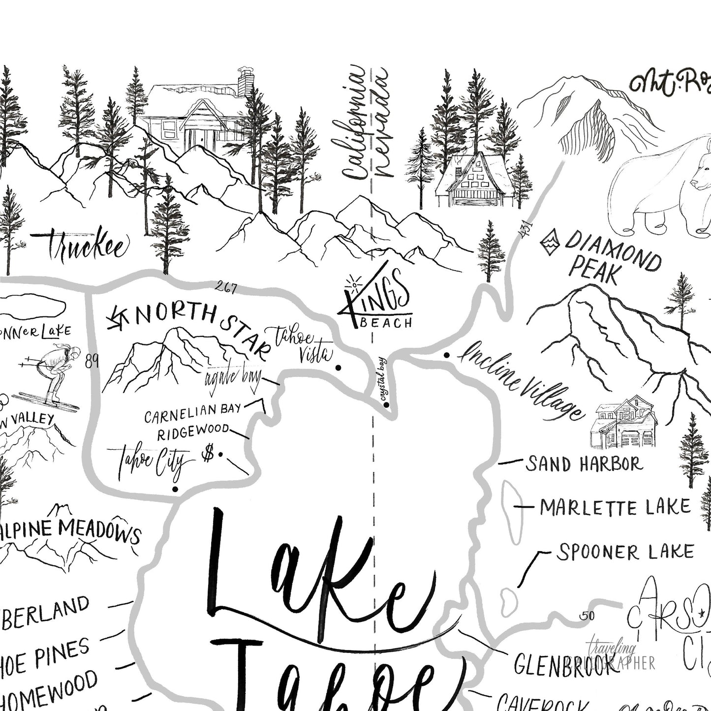 Lake Tahoe Neighborhood Map Print 8x10