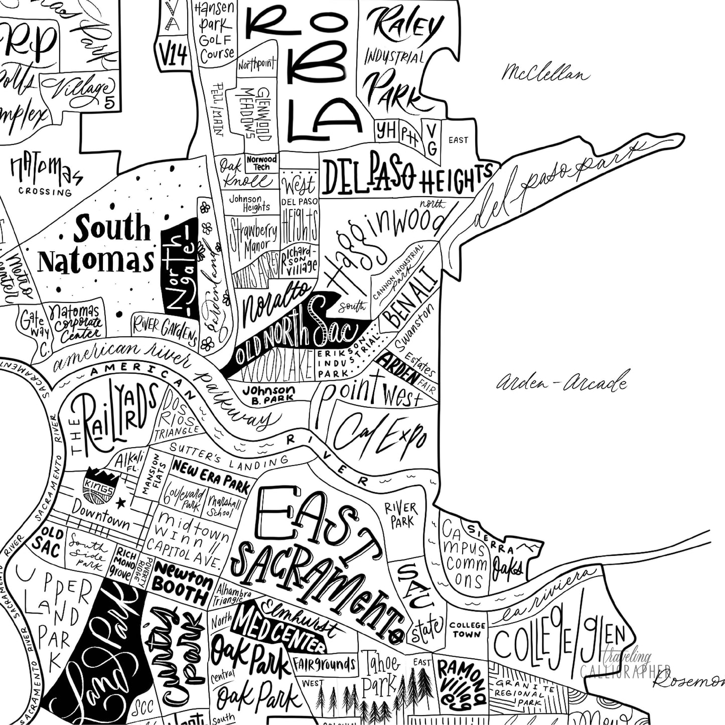 Sacramento, CA Neighborhood Map Print 8x10
